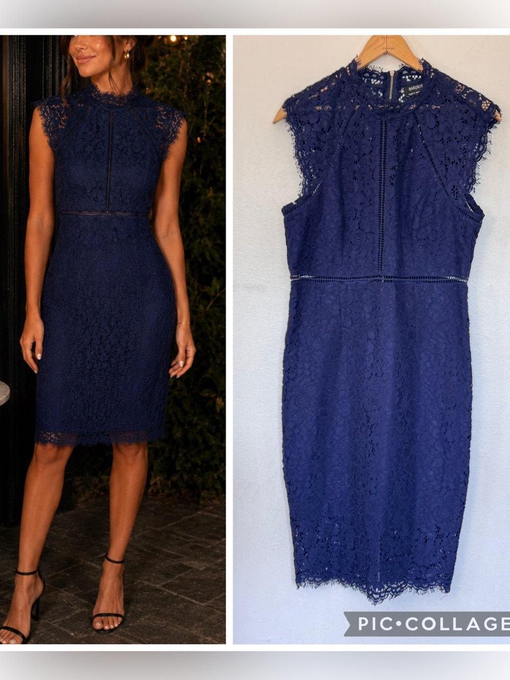 Bardot Navy Blue Lace Cocktail Dress Elegant Wedding Guest & Date Night Midi Sz8